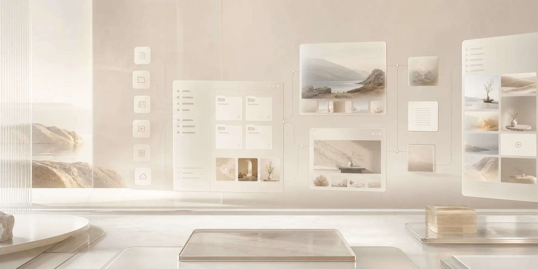 A visual map showing folders, files, media previews, and connected destinations inside a calm Drive workspace.